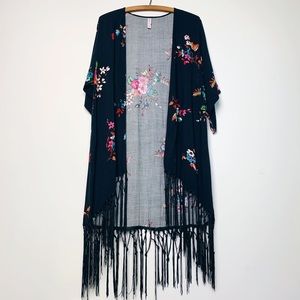 Black Floral Tassel Duster - Kimono